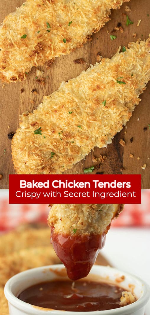 Long pin collage with red banner text Baked Chicken Tenders Crispy with Secret Ingredient