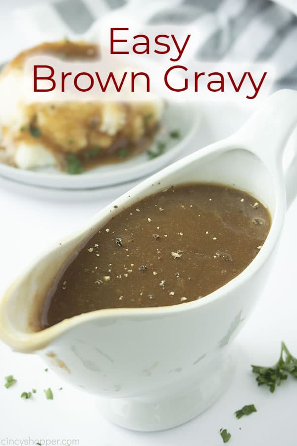 Brown Gravy in a boat text on image Easy Brown Gravy