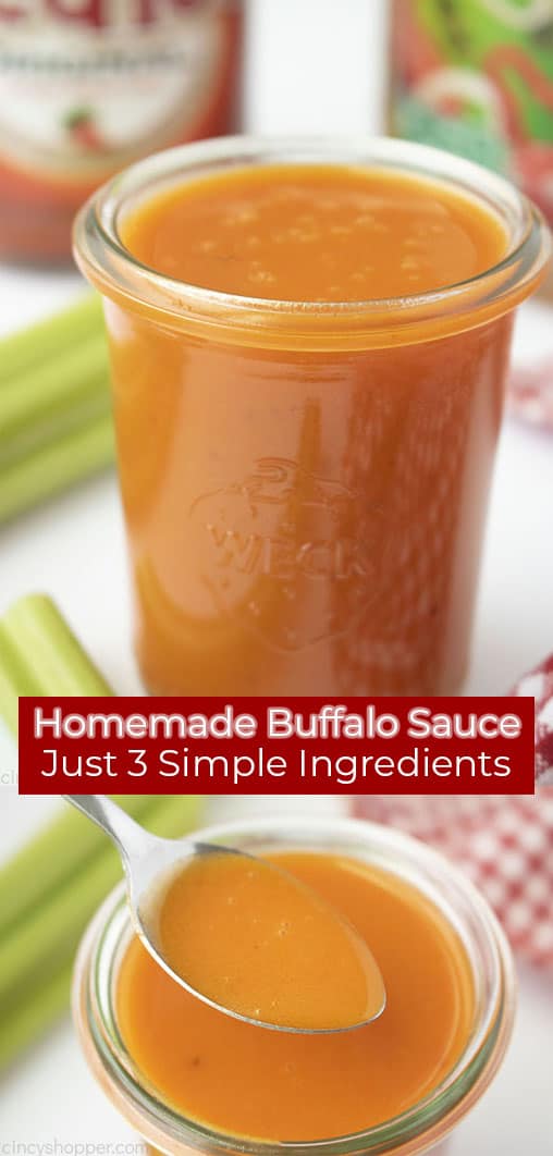 Long Pin with text on red banner Homemade Buffalo Sauce Just 3 Simple Ingredients