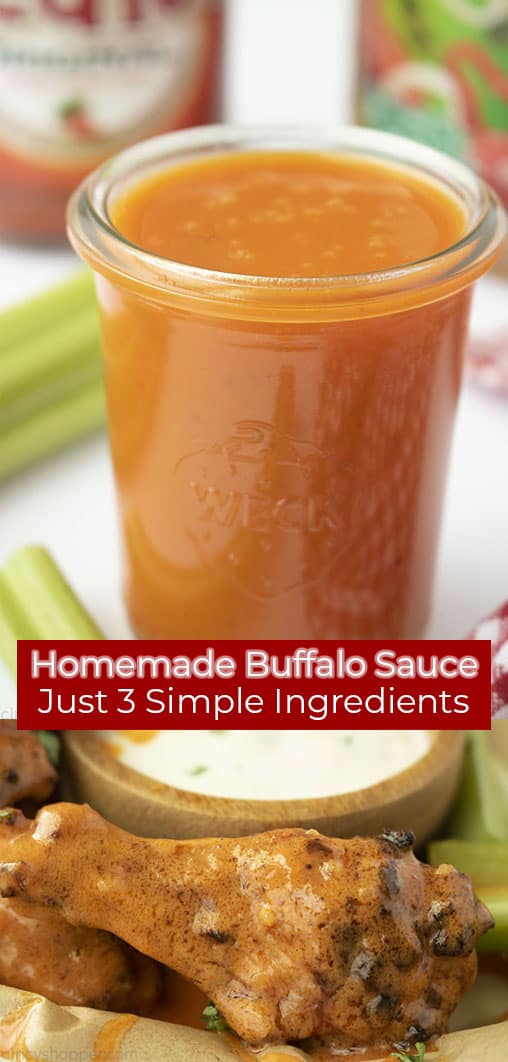 Long Pin with text on red banner Homemade Buffalo Sauce Just 3 Simple Ingredients