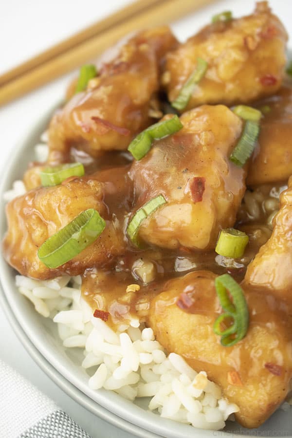 Orange Chicken over rice on a white plate and white background