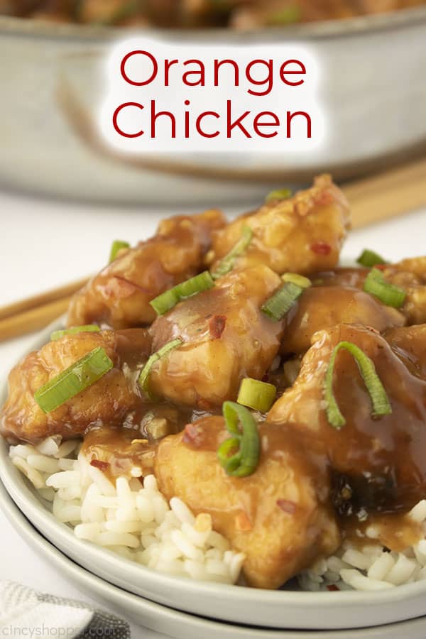 Text on image Orange Chicken with plate and pan on white background