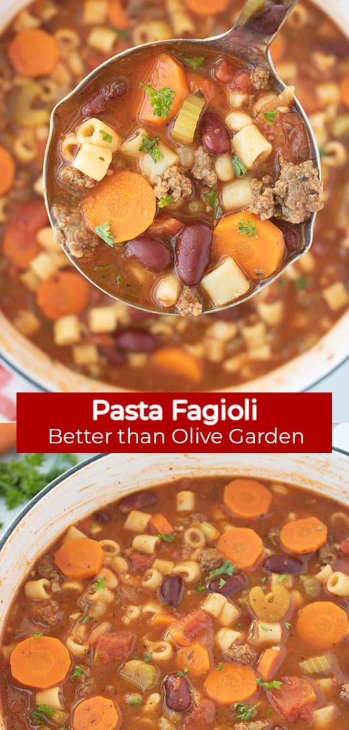 Long Pin collage with red Banner text Pasta Fagioli Better than Olive Garden