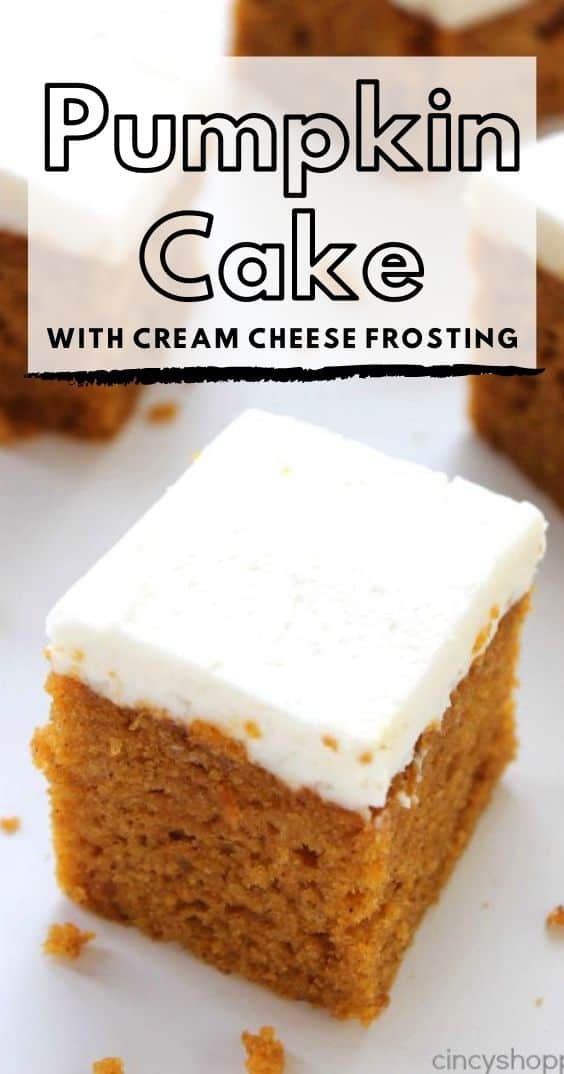 Piece of pumpkin cake with cream cheese frosting on a white background with title text on image.