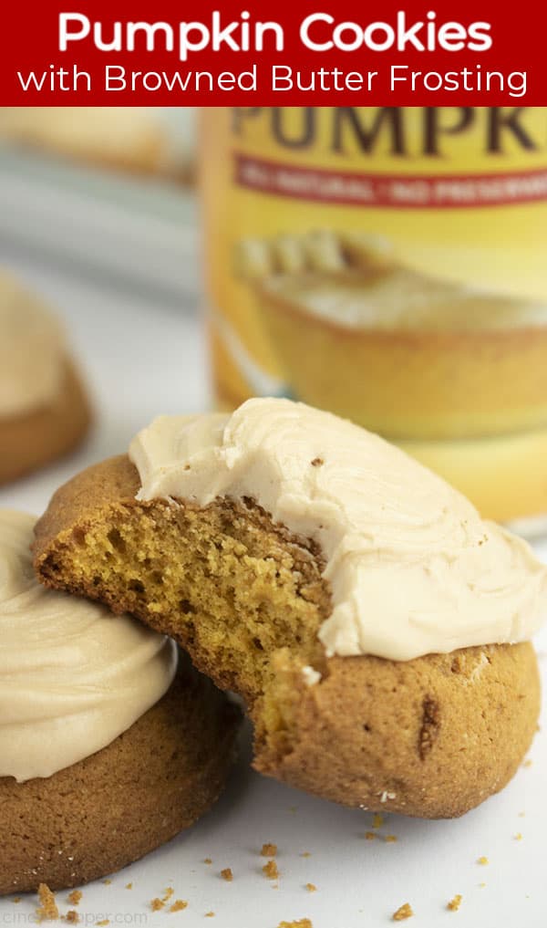 Long pin with red banner text Pumpkin Cookies with brown butter frosting