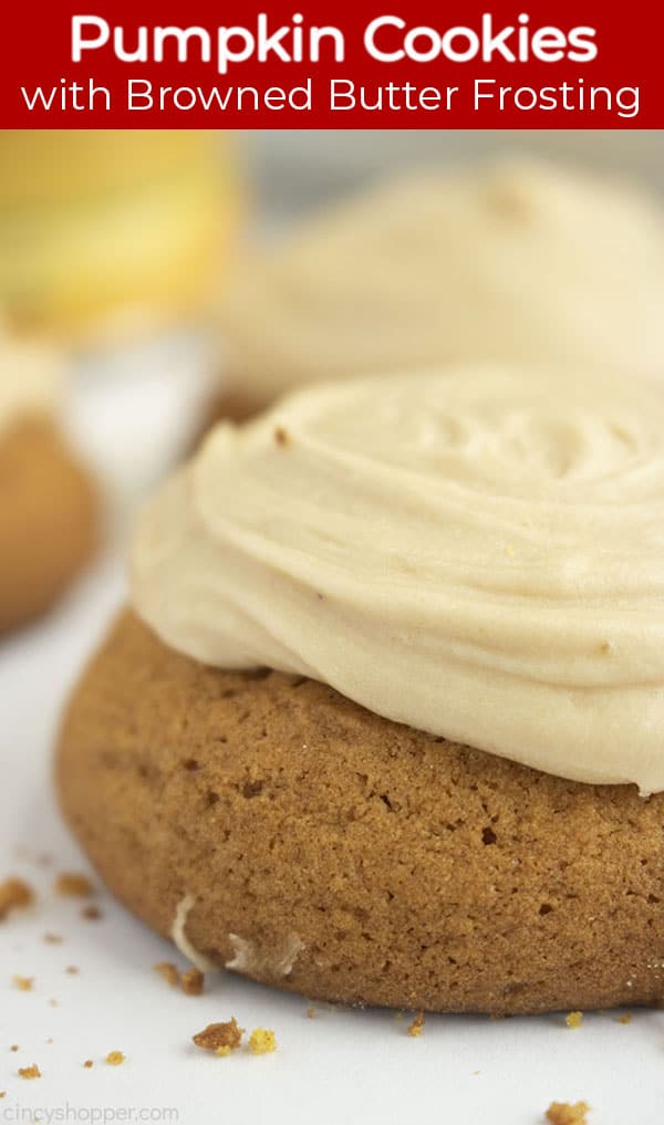 Long pin with red banner and text Pumpkin Cookies with brown butter frosting