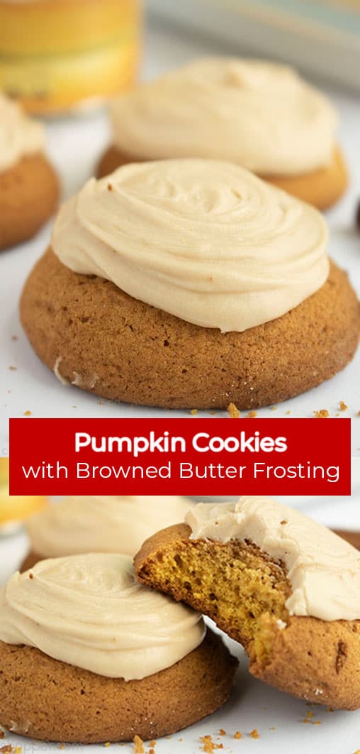 Long pin collage with red banner Pumpkin Cookies with brown butter frosting