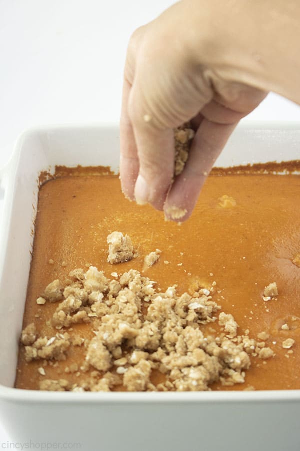 Crisp being added to cooked pumpkin 