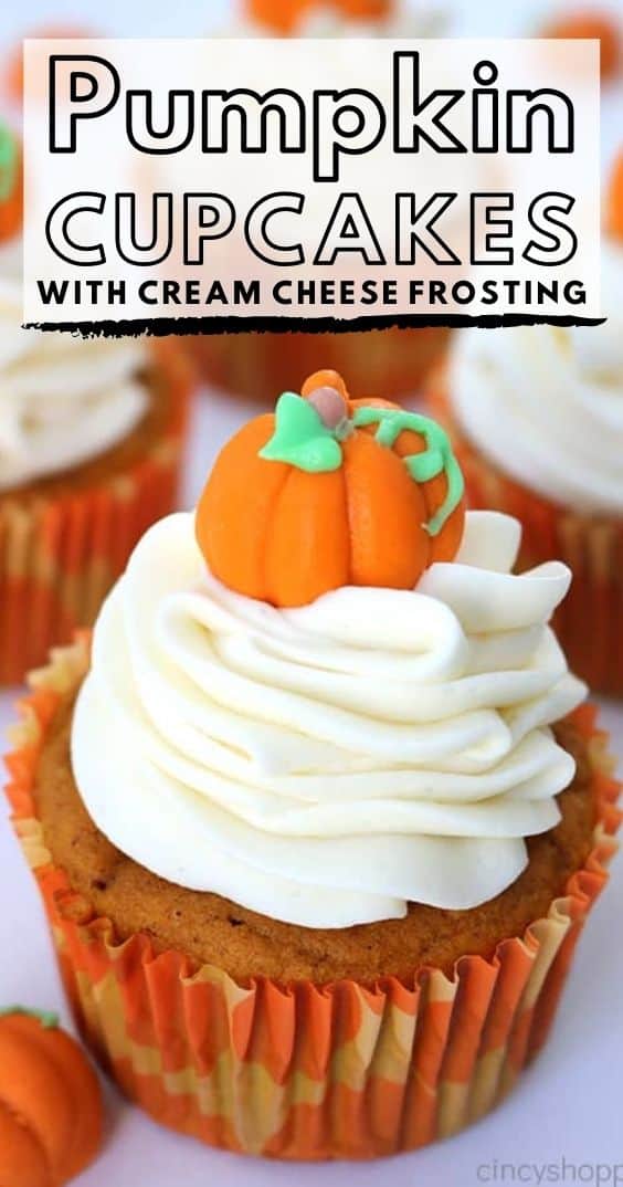long pin text on image Pumpkin Cupcakes with cream cheese frosting