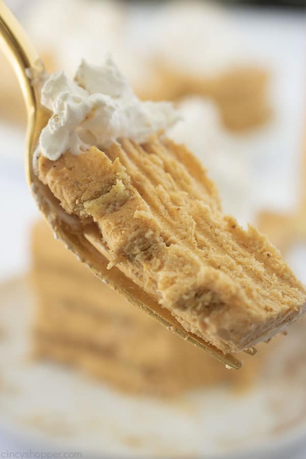 Close up photo of No Bake Pumpkin Icebox Cake on a gold fork
