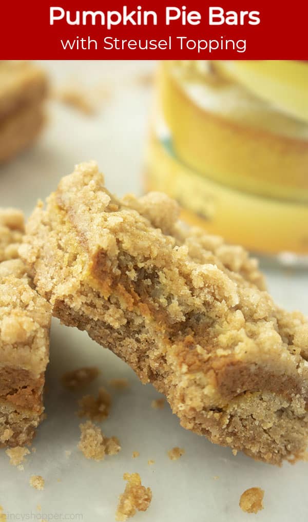 Long pin with red banner Pumpkin Pie Bars with Streusel Topping