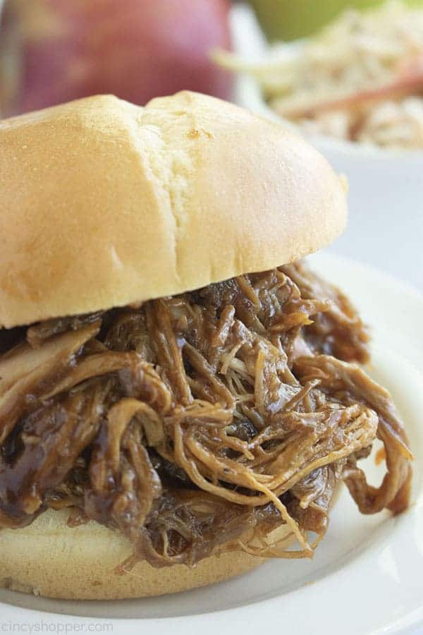 Close up shot of Slow Cooker Apple Cider Pulled Pork 