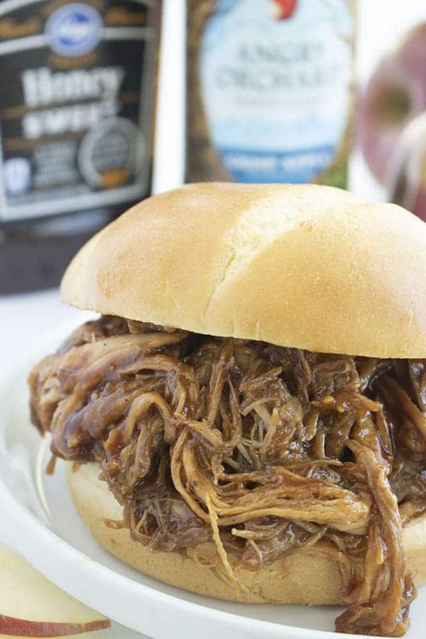 Close up image of the Slow Cooker Apple Cider Pulled Pork sandwich 