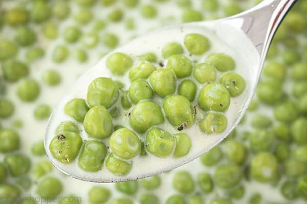 Creamed peas on a spoon