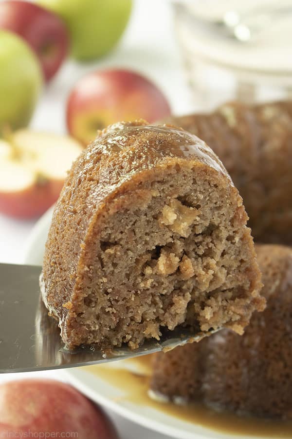 Slice of apple bundt cake on a pie server.