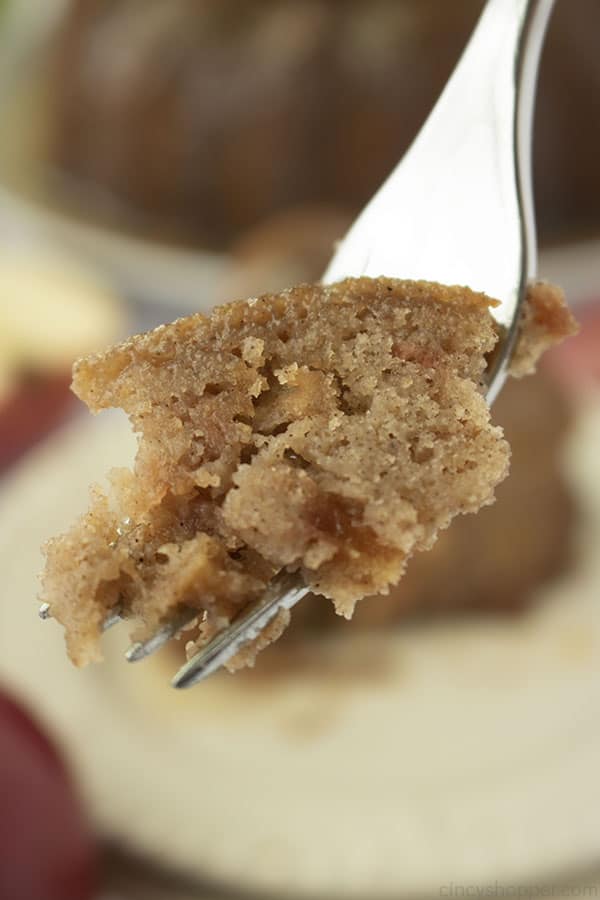 Piece of fresh apple cake from scratch on a fork.