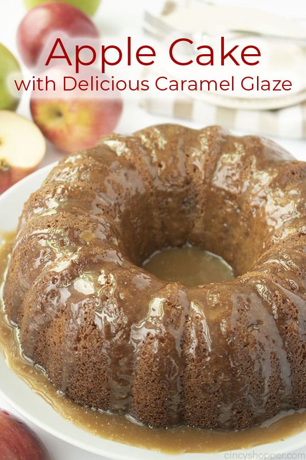 Apple cake on a plate with text on image Apple Cake with Delicious Caramel Glaze.