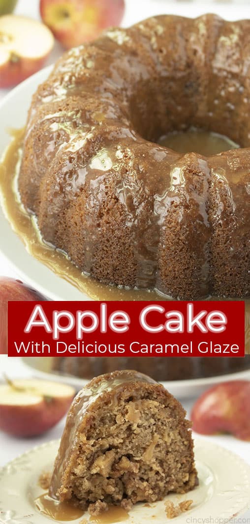 Long pin collage with red banner text Apple Cake with Delicious Caramel Glaze.