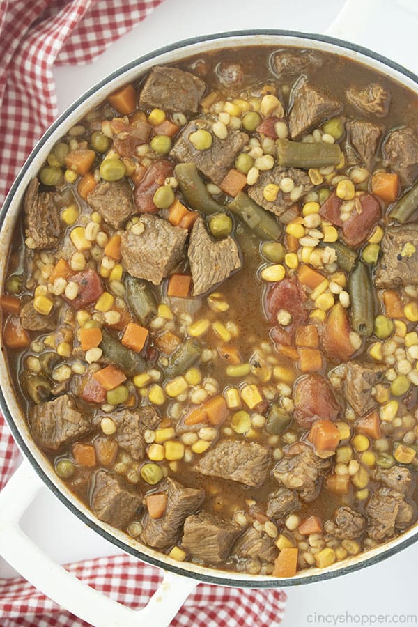 Beef Barley Soup in a Dutch oven