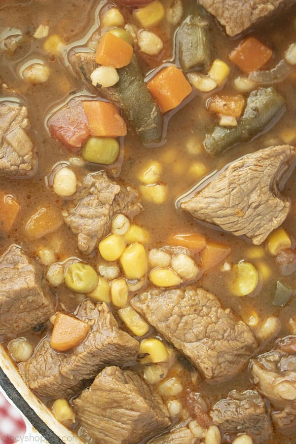 Closeup image of beef barley soup