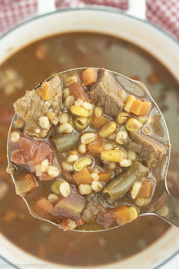 Ladle filled with Barley soup with beef