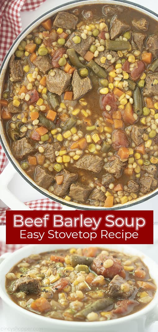 Long pin collage with text on red banner Beef Barley Soup Easy Stovetop Recipe