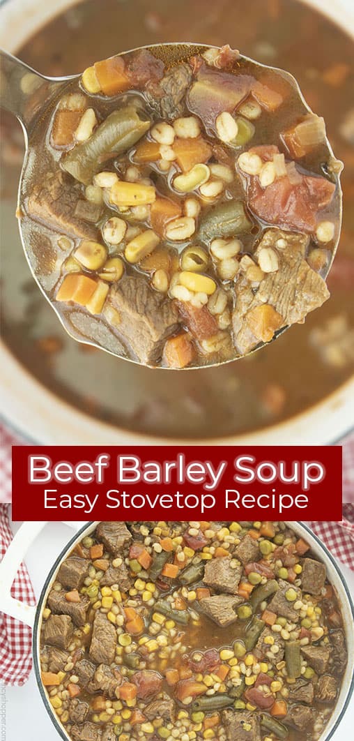 Long pin collage with banner text Beef Barley Soup Easy Stovetop Recipe