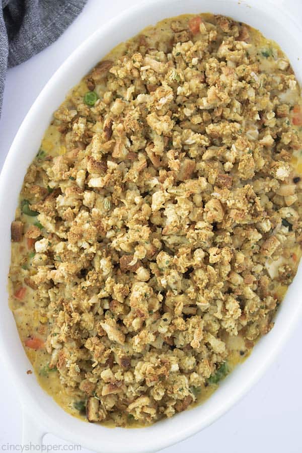 Chicken and Stuffing Casserole in white baking dish