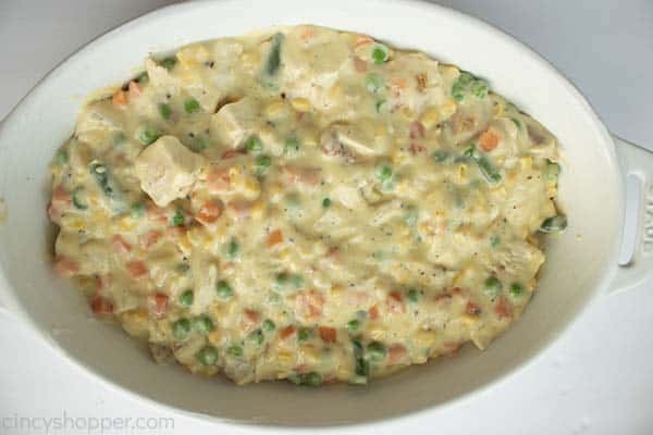 Chicken casserole in a white baking dish