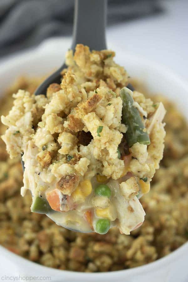 Rotisserie Chicken casserole on a spoon