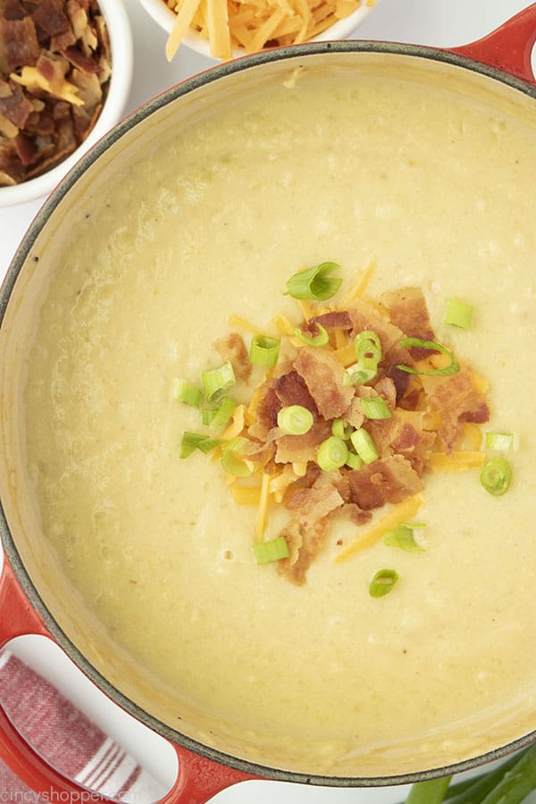 Overhead of Potato Soup in a Dutch oven 