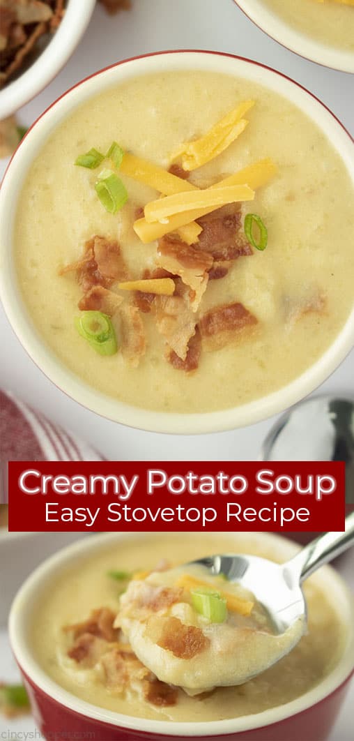 Long pin collage with banner text Creamy Potato Soup Easy Stovetop Recipe