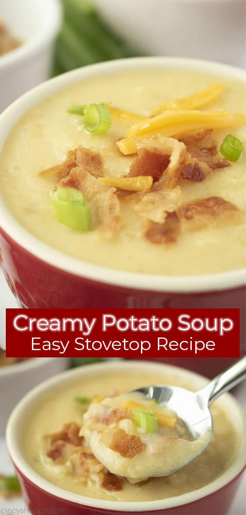 Long pin collage with banner text Creamy Potato Soup Easy Stovetop Recipe