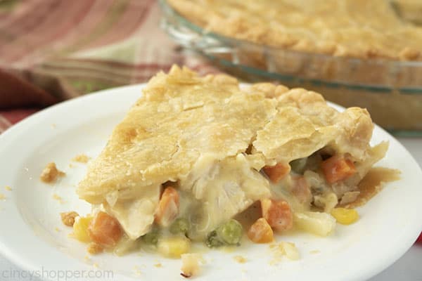 Slice of easy chicken pot pie on a white plate.