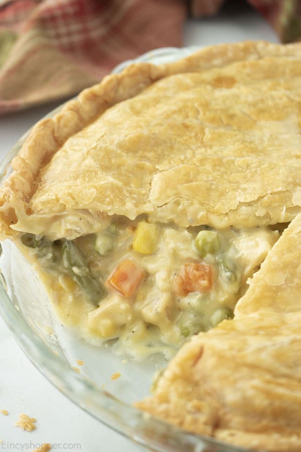 Whole Chicken Pot Pie with slice removed.