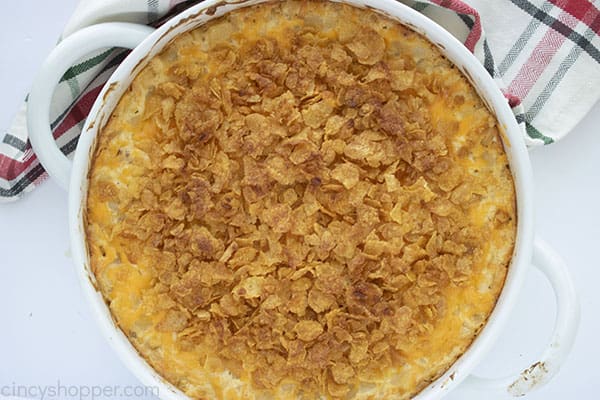 Potatoes with cornflake topping in a round dish