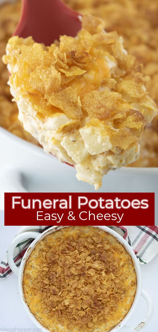 Long pin collage with red text banner Funeral Potatoes Easy & Cheesy