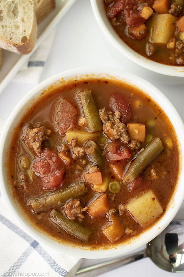 Hamburger soup on a bowl