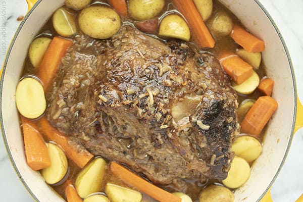 Beef pot roast after 2 hours of cooking