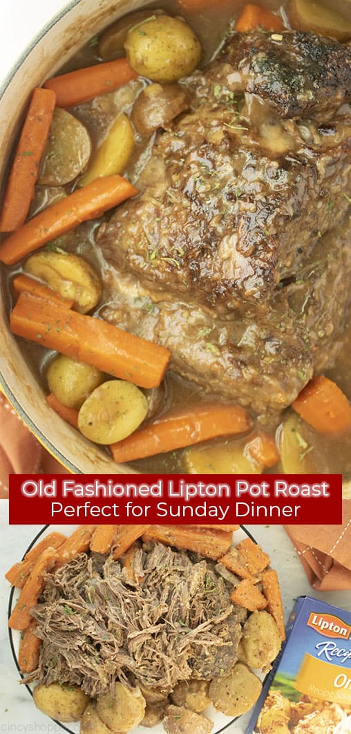 Long pin collage with red banner with text Old Fashioned Lipton Pot Roast Perfect for Sunday Dinner