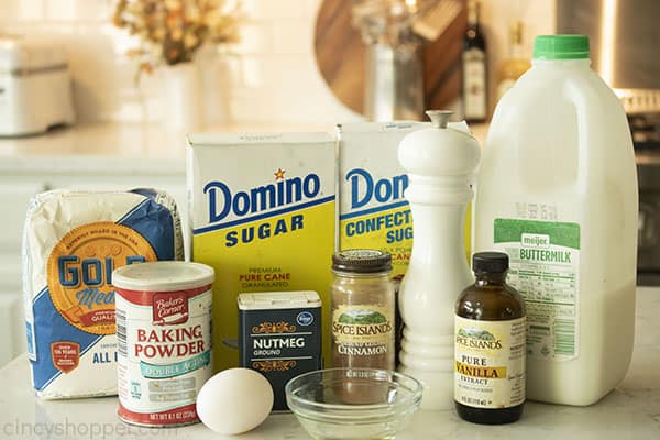 Ingredients for old fashioned powdered donuts