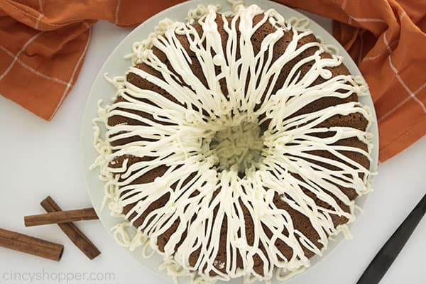 Overhead of Cream Cheese filled pumpkin bundt cake