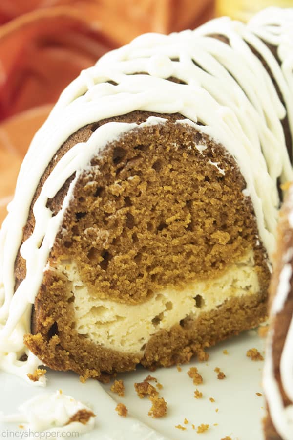 Closeup of Pumpkin Bundt Cake with Cream Cheese filling