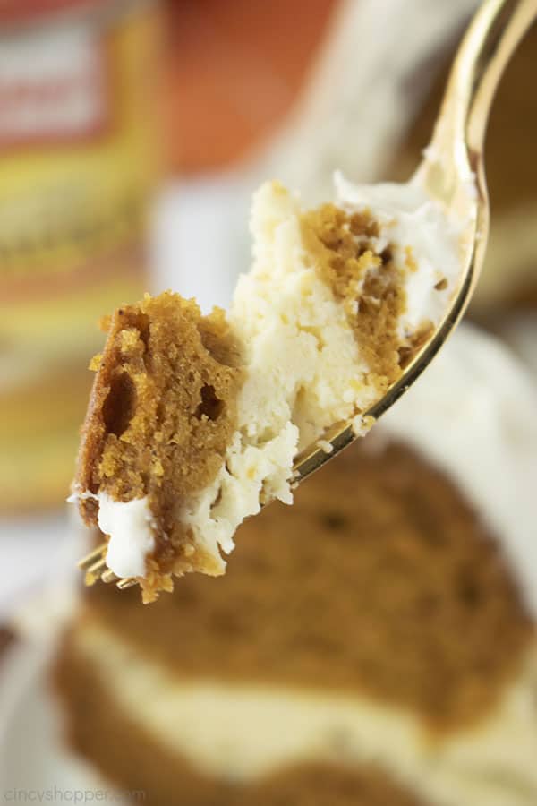 Fork with cream cheese pumpkin cake