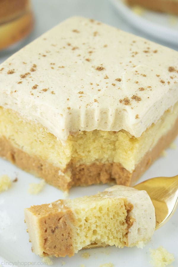 Fork with layered magic pumpkin cake