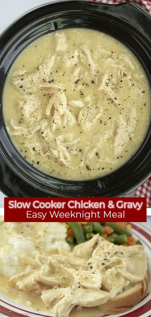 Long Pin collage with red banner Slow Cooker Chicken & Gravy Easy Weeknight Meal