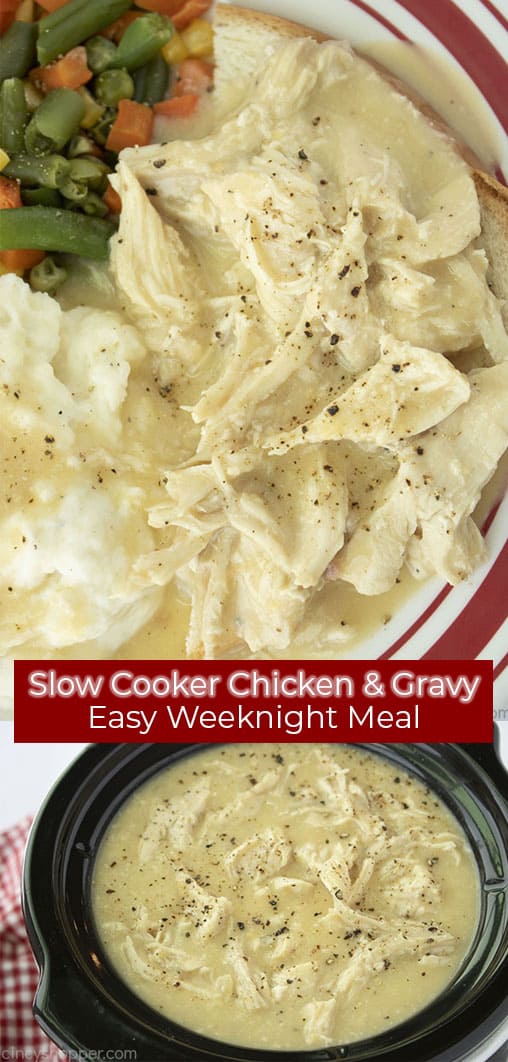 Long Pin collage with red banner Slow Cooker Chicken & Gravy Easy Weeknight Meal