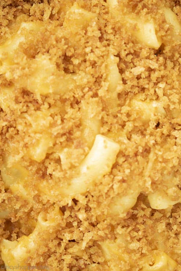 Closeup of crunchy topped mac and cheese