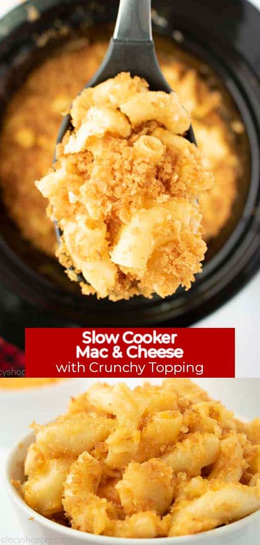 Long Pin Collage with banner text Slow Cooker Mac & Cheese with Crunchy Topping