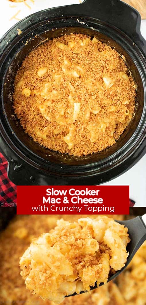 Long Pin Collage with banner text Slow Cooker Mac & Cheese with Crunchy Topping